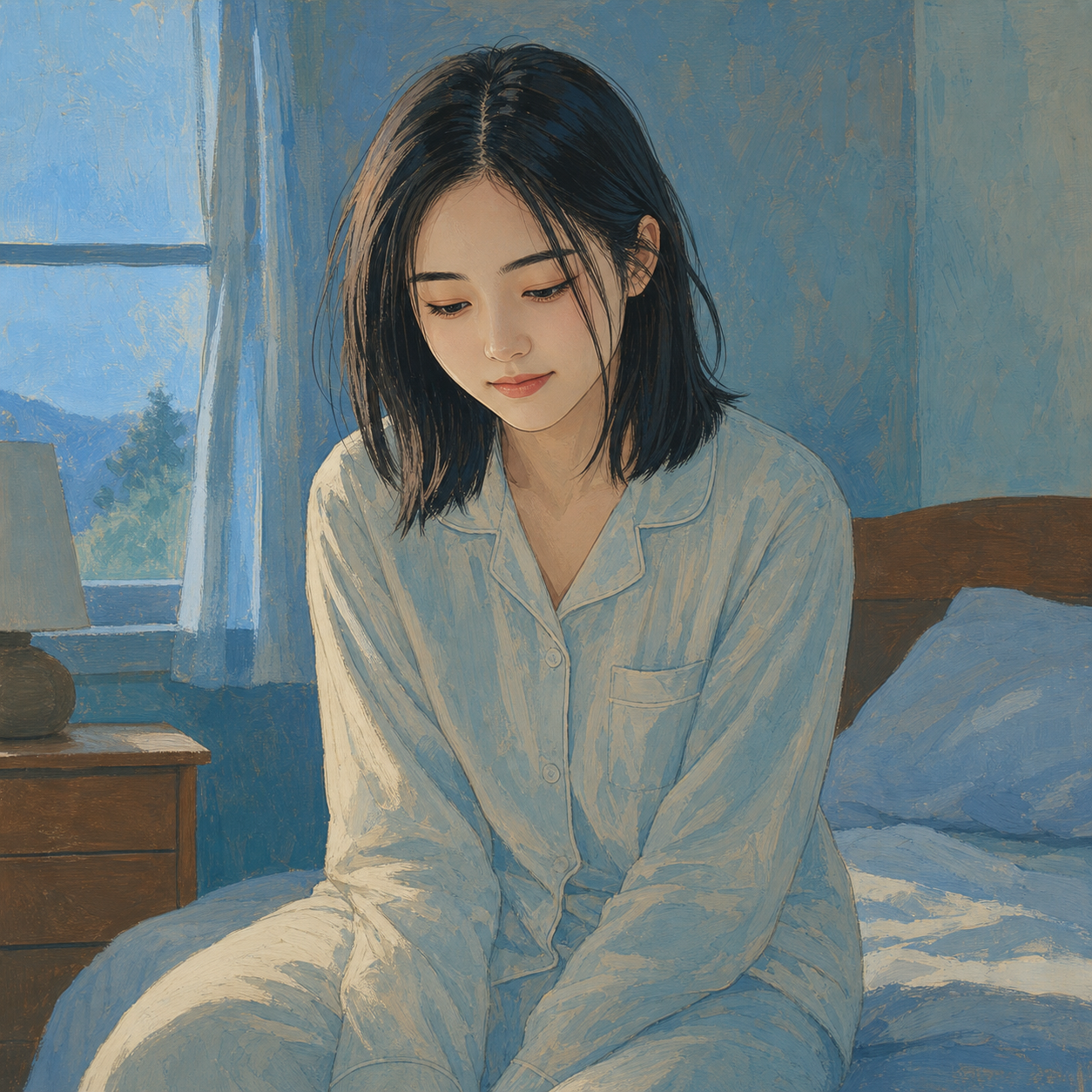 Beat 1 — dawn, sitting on bed in pajamas