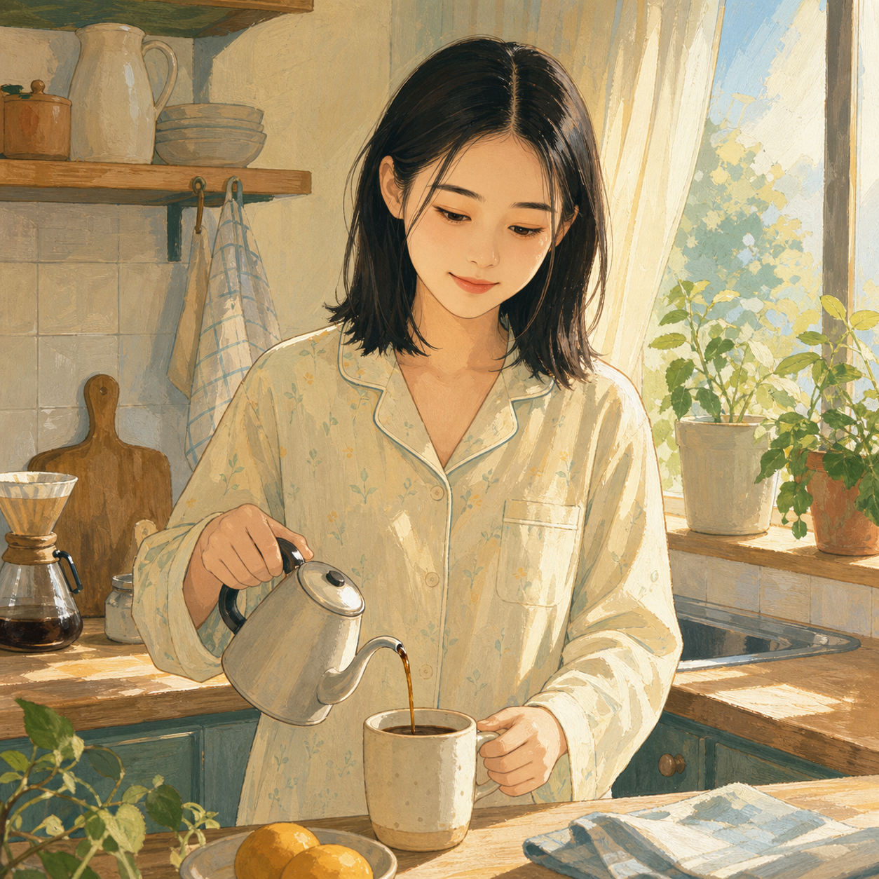Beat 2 — early morning, pouring coffee